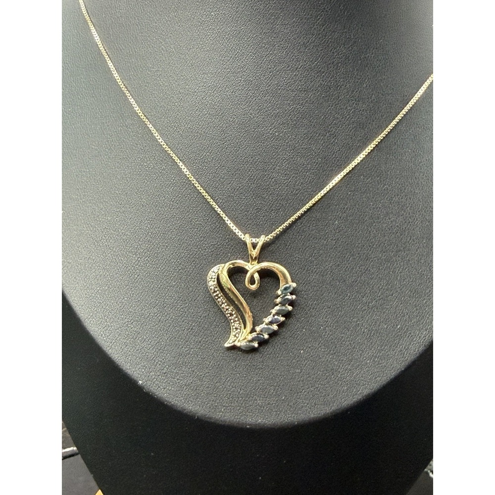 18" Gold Sterling Silver Natural Sapphire Heart Pendant Necklace J30